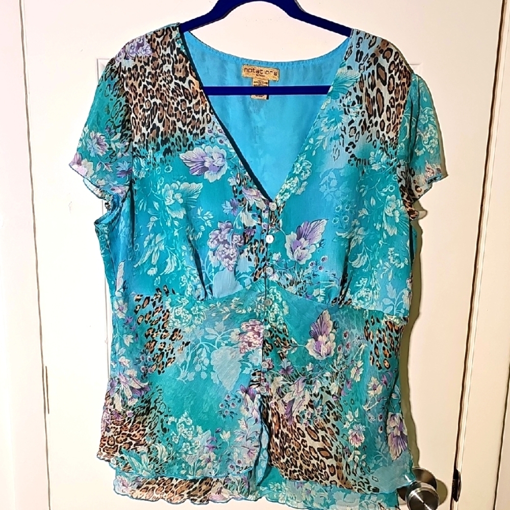 Floral Leopard Print Blue Top. Y2K Fairycore Semi Sheer Tunic‎ 2X By NOTATIONS